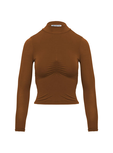 side view of model wearing Princess Polly Valley Girls Ruched Long Sleeve Top Brown Full Sleeves High Neck 
