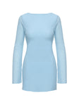 back view of model wearing Princess Polly Visualize Long Sleeve Mini Dress Light Blue High Neck 