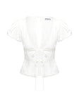 back view of model wearing Princess Polly Wilhelmina Blouse Top White Short Sleeves Plunger 