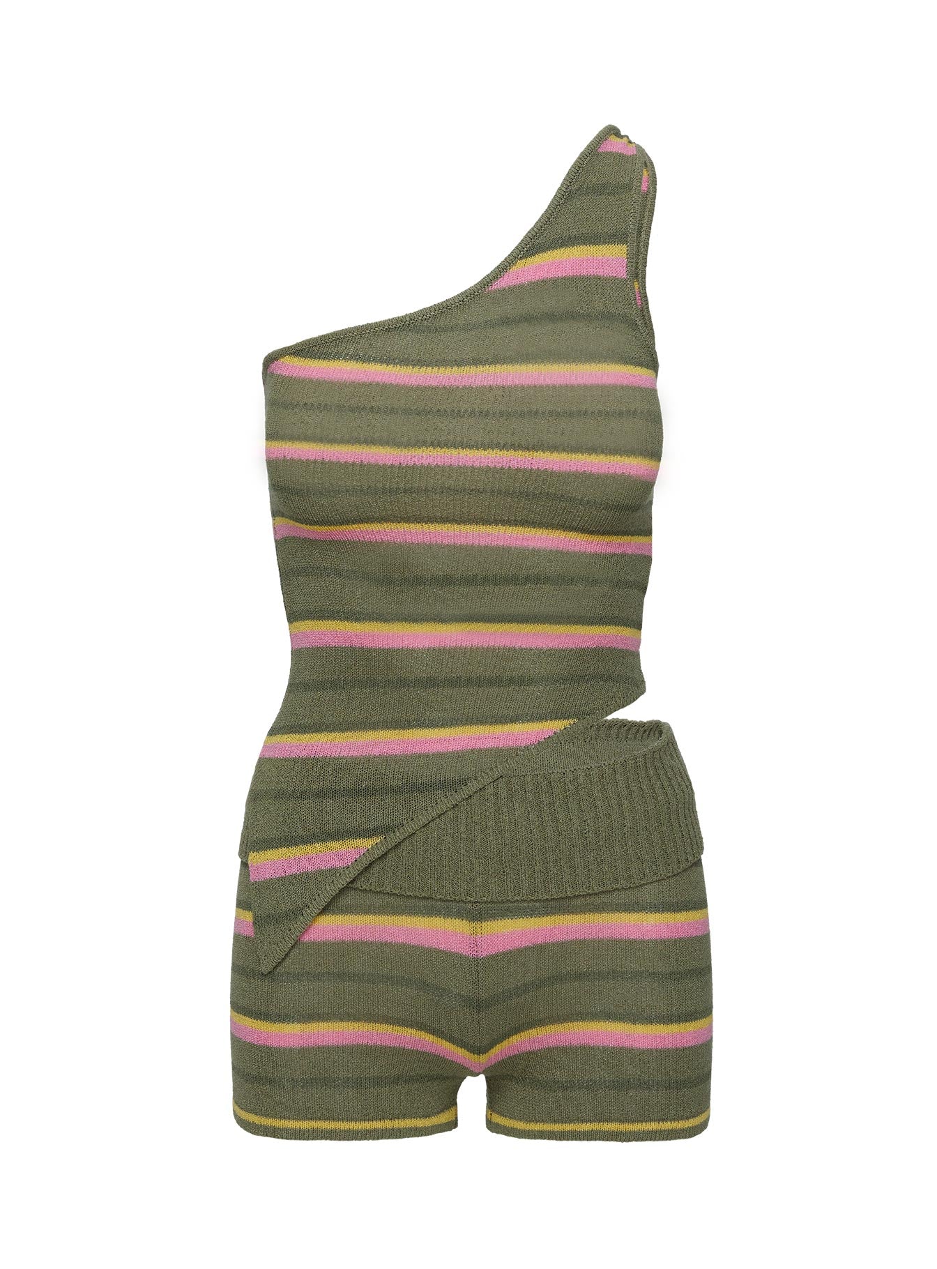 Two piece knit set One shoulder top with an asymmetric split hem Low rise shorts with folded waistband Good stretch, unlined 