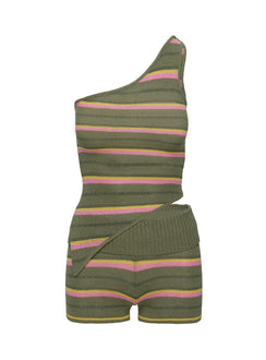 Two piece knit set One shoulder top with an asymmetric split hem Low rise shorts with folded waistband Good stretch, unlined 