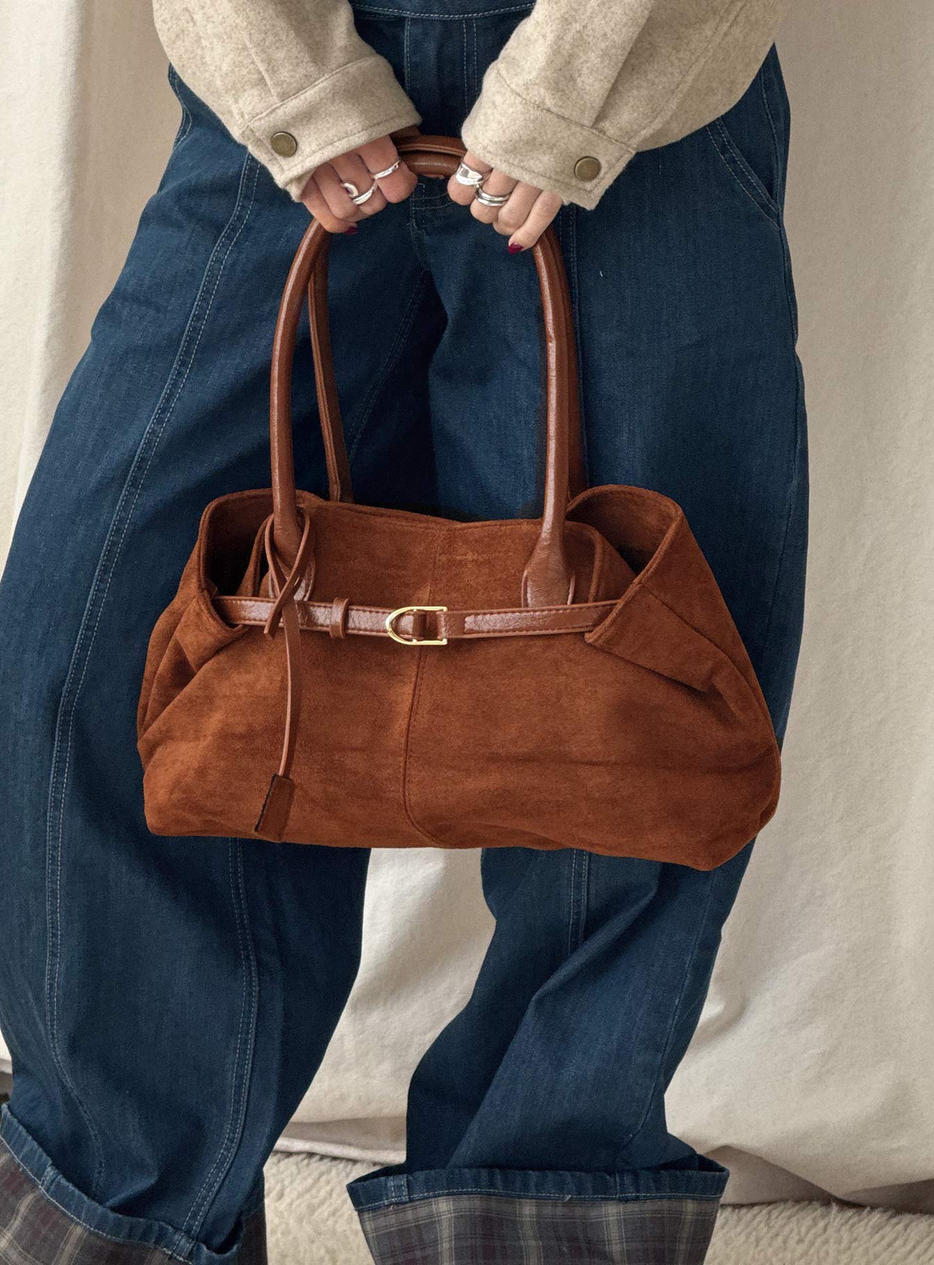 Yearning Faux Suede Buckle Detail Shoulder Bag Brown