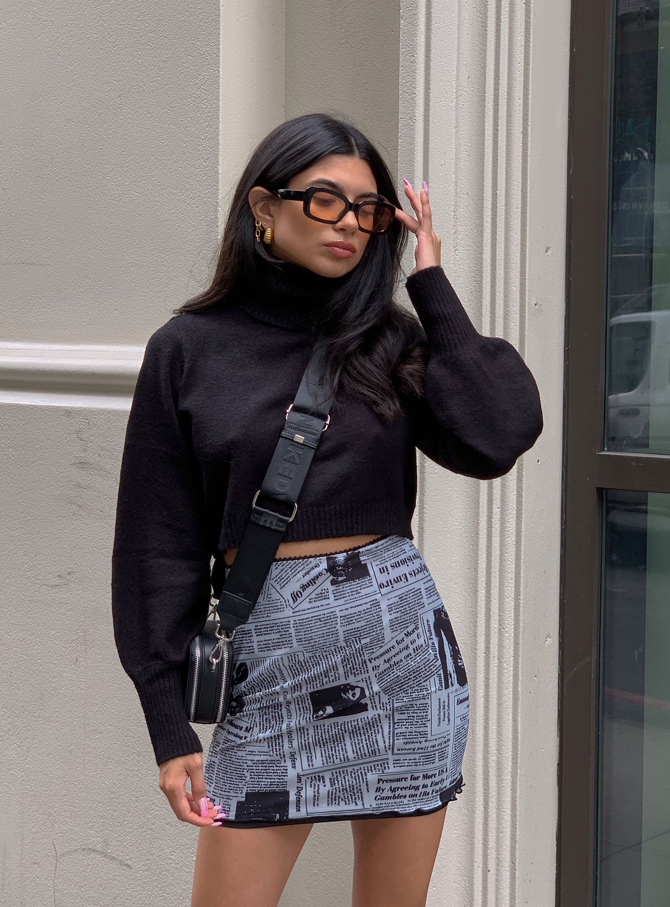 front view of model wearing Princess Polly Zahara Cropped Turtleneck Sweater Black Petite Cropped 