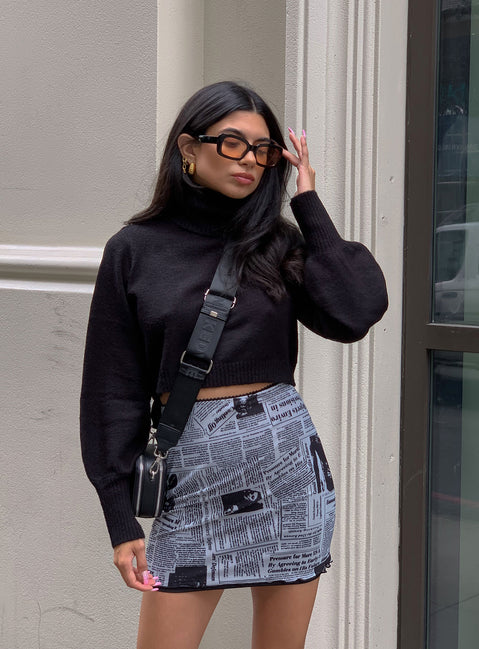 front view of model wearing Princess Polly Zahara Cropped Turtleneck Sweater Black Petite Cropped 