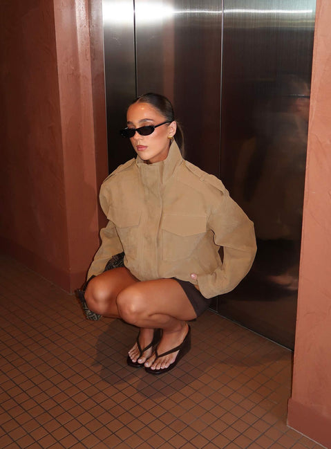 Double Life Funnel Neck Cargo Jacket Beige