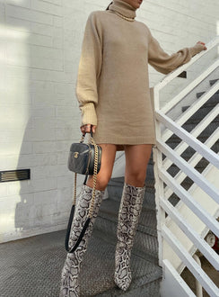 front view of model wearing Princess Polly Zahara Mini Dress Beige Petite High Neck 