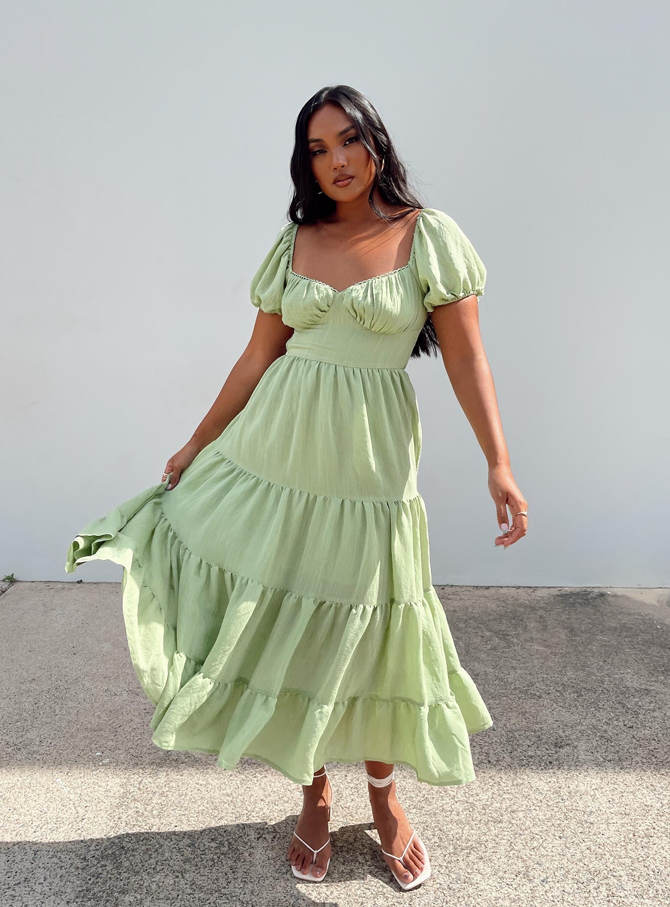 Green ruffle hotsell midi dress