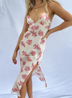 front view of model wearing Princess Polly Gigi Midi Dress Cream / Pink Floral 