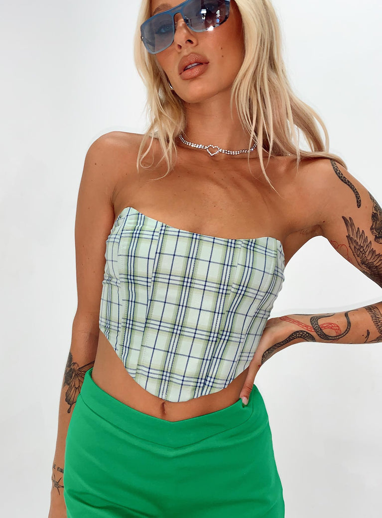 front view of model wearing Princess Polly Maiya Strapless Top Green Check 