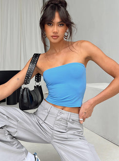 front view of model wearing Princess Polly Tomlin Top Blue Sleeveless 