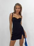 Front view of model wearing  front Princess Polly Asymmetric Neckline  Briana Mini Dress Black