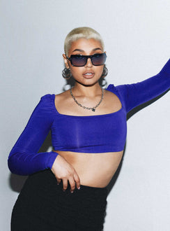 front view of model wearing Princess Polly Rogers Long Sleeve Top Blue Full Sleeves Square Neck 