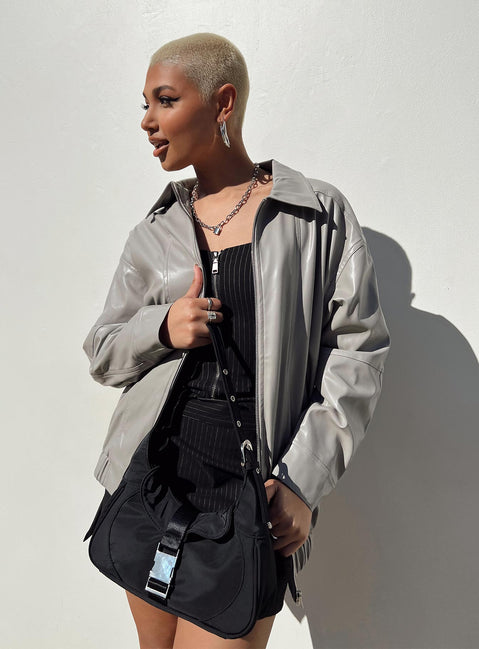 Grey bomber jacket Faux leather material Pointed collar Zip front fastening Twin hip pockets Elasticated waistband