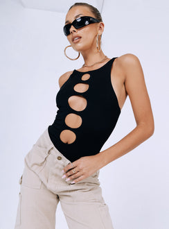 side view of model wearing Princess Polly Nash Bodysuit Black Sleeveless Crew Neck 