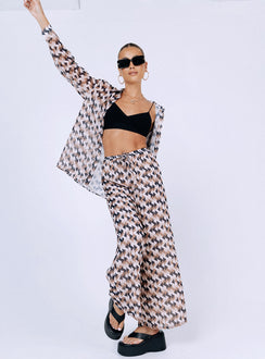 Matching set Sheer material  Geometric print  Button up shirt  High waisted pants  Elasticated drawstring waistband  Wide leg