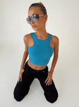 back view of model wearing Princess Polly Karli Top Blue Sleeveless Crew Neck 