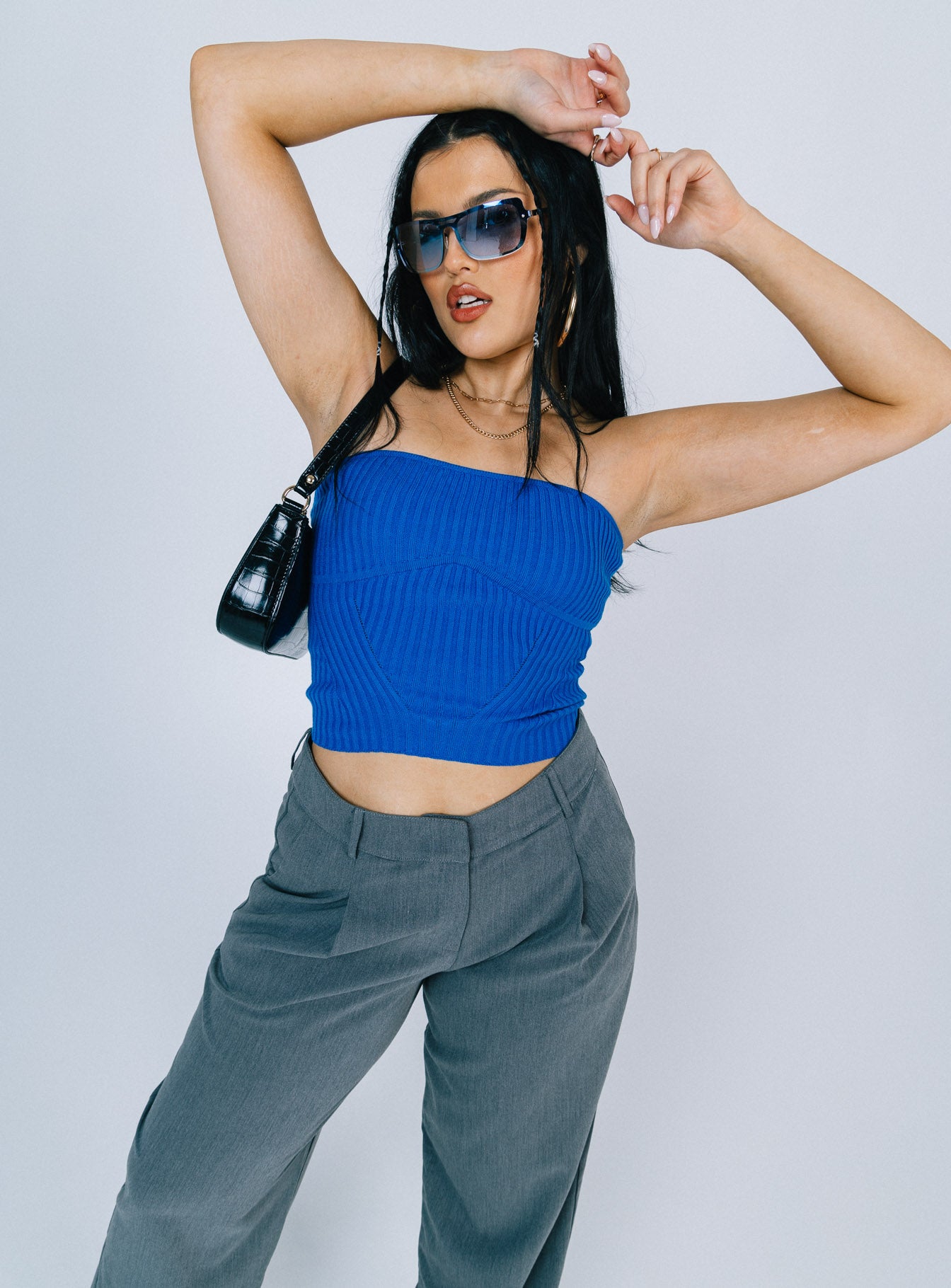 front view of model wearing Princess Polly Royce Strapless Top Blue Sleeveless 