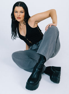 back view of model wearing Princess Polly Walker Top Black Sleeveless Scoop Neck 