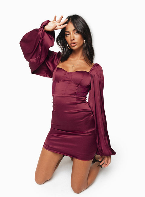 product Princess Polly Square Neck  Karuah Long Sleeve Mini Dress Burgundy