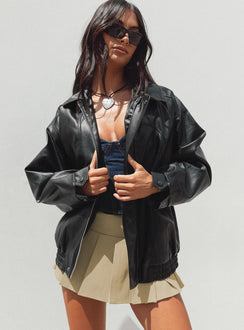 Faux leather jacket Zip fastening at front  Classic collar Twin hip pockets  Elasticated waistband 