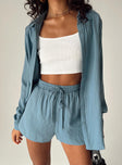 Matching set Button up shirt  Classic collar High waisted shorts  Elasticated drawstring waist 