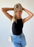 front view of model wearing Princess Polly Faithe Bodysuit Black Sleeveless High Neck 