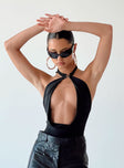 back view of model wearing Princess Polly Elverta Bodysuit Black Sleeveless Plunger 