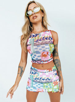 Matching set Sheer mesh material  Printed design  Cropped tank top  Low-rise mini skirt  Elasticated waistband  Lettuce edge hem 