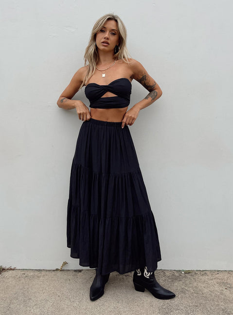 Black matching set Crop top Removable shoulder straps  Inner silicone strip at bust  Twisted bust  Cut out detail  Shirred back  Zip fastening  High waisted midi skirt  Elasticated waistband  Layered design 