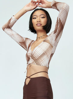 front view of model wearing Princess Polly Lucille Long Sleeve Top Brown Check 