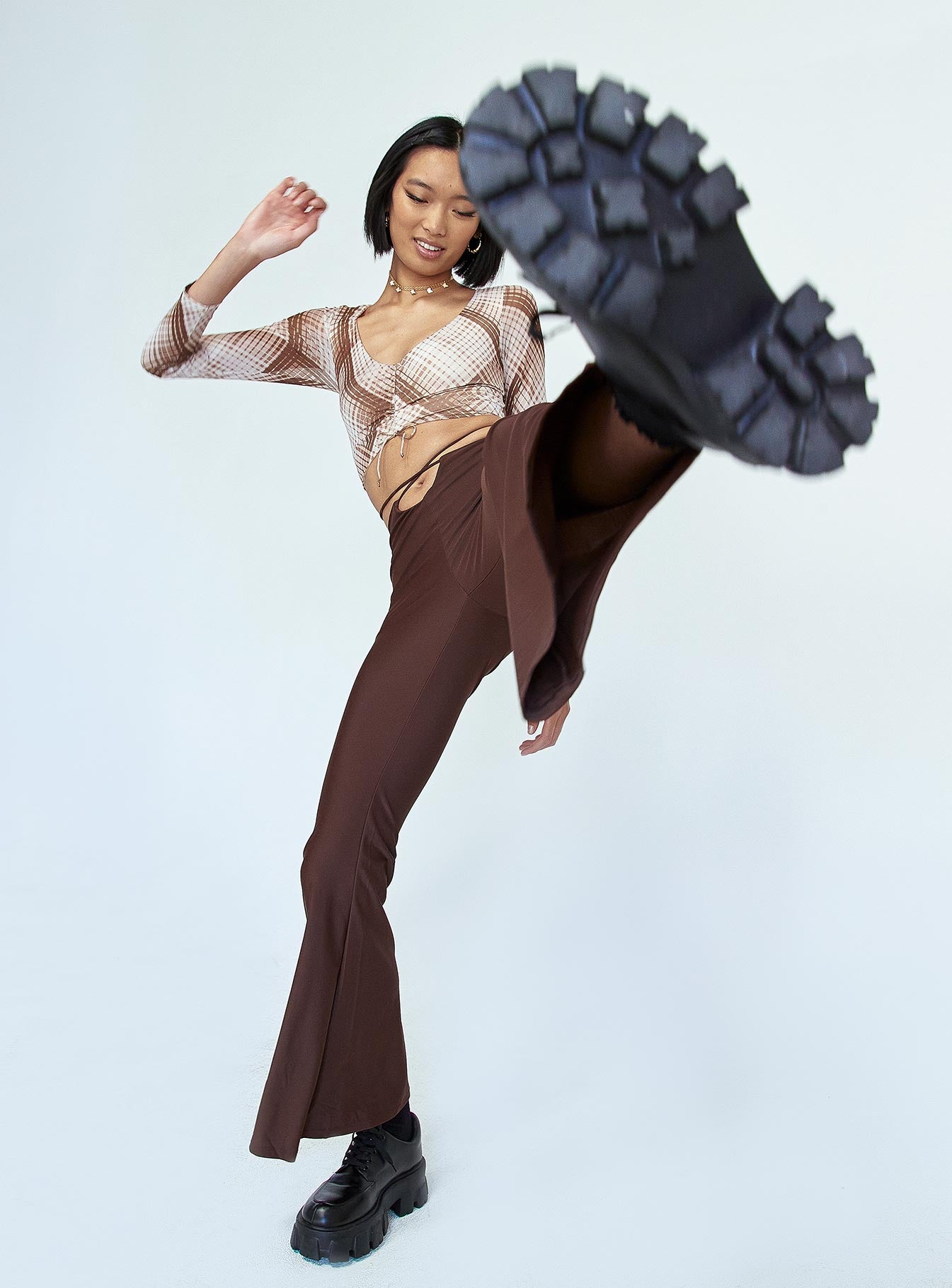 front view of model wearing Princess Polly Cooper Tie Waist Pants Brown 