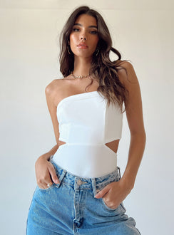 side view of model wearing Princess Polly Alaska Strapless Bodysuit White Sleeveless straight 