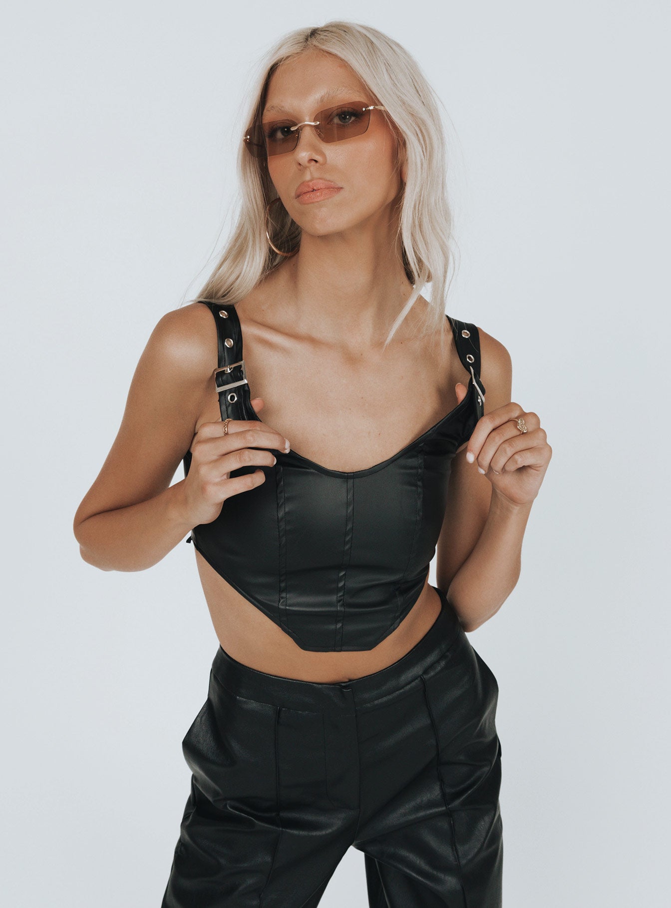 front view of model wearing Princess Polly Travis PU Corset Black 