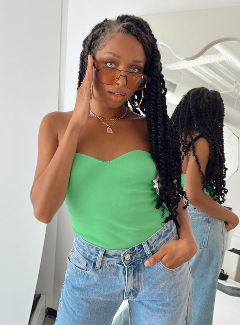 front view of model wearing Princess Polly Aston Strapless Bodysuit Green Sleeveless Sweetheart 