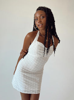 Front view of model wearing  front Princess Polly Sweetheart Neckline  Aycer Mini Dress White