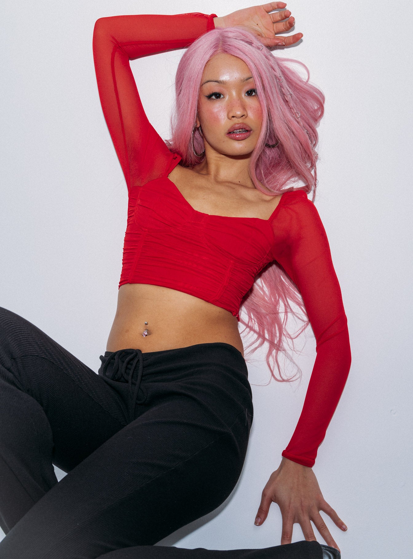 product Princess Polly Three Fourth Sleeves High Neck  Elmore Long Sleeve Top Red