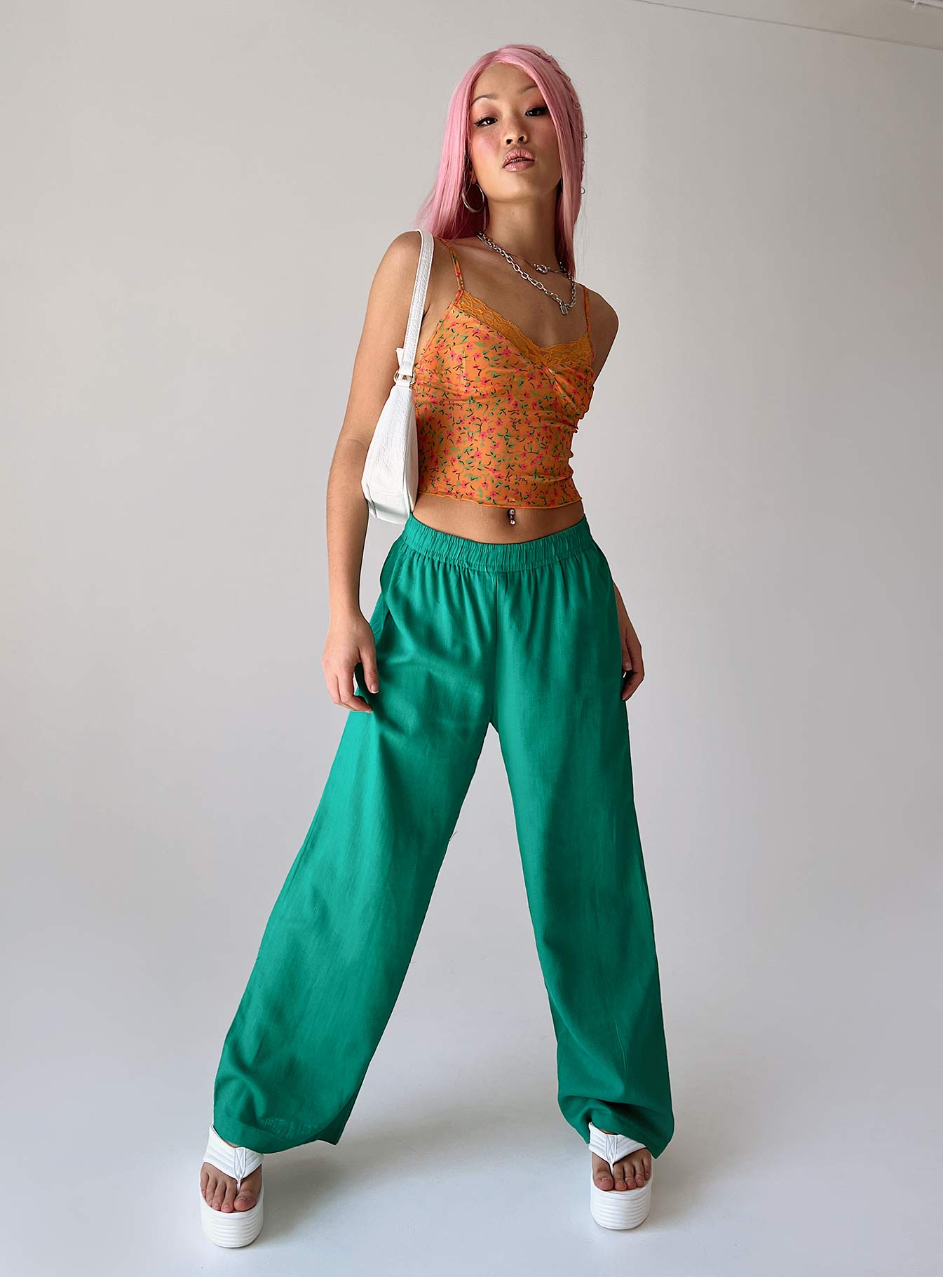 front view of model wearing Princess Polly Louis Linen Blend Pants Green 