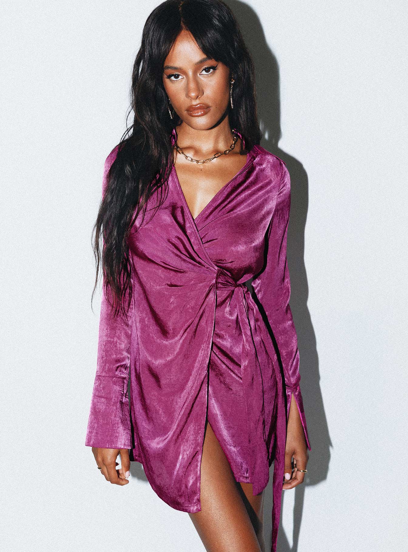 product Princess Polly V-Neck  Diddam Long Sleeve Mini Dress Burgundy