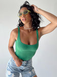 front view of model wearing Princess Polly Crosby Bodysuit Green Sleeveless Square Neck 