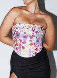 Strapless bustier Floral print Folded neckline Boning through front Zip fastening at back Curved hem 