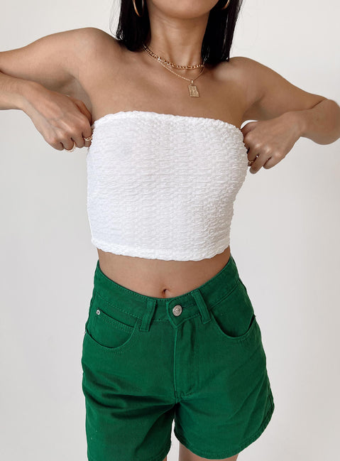 Front view of model wearing  front Princess Polly Full Sleeves Square Neck  Brae Strapless Top White