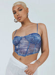 Blue top Sheer mesh material Graphic print Adjustable shoulder straps Inner silicone strip at bust Curved hem