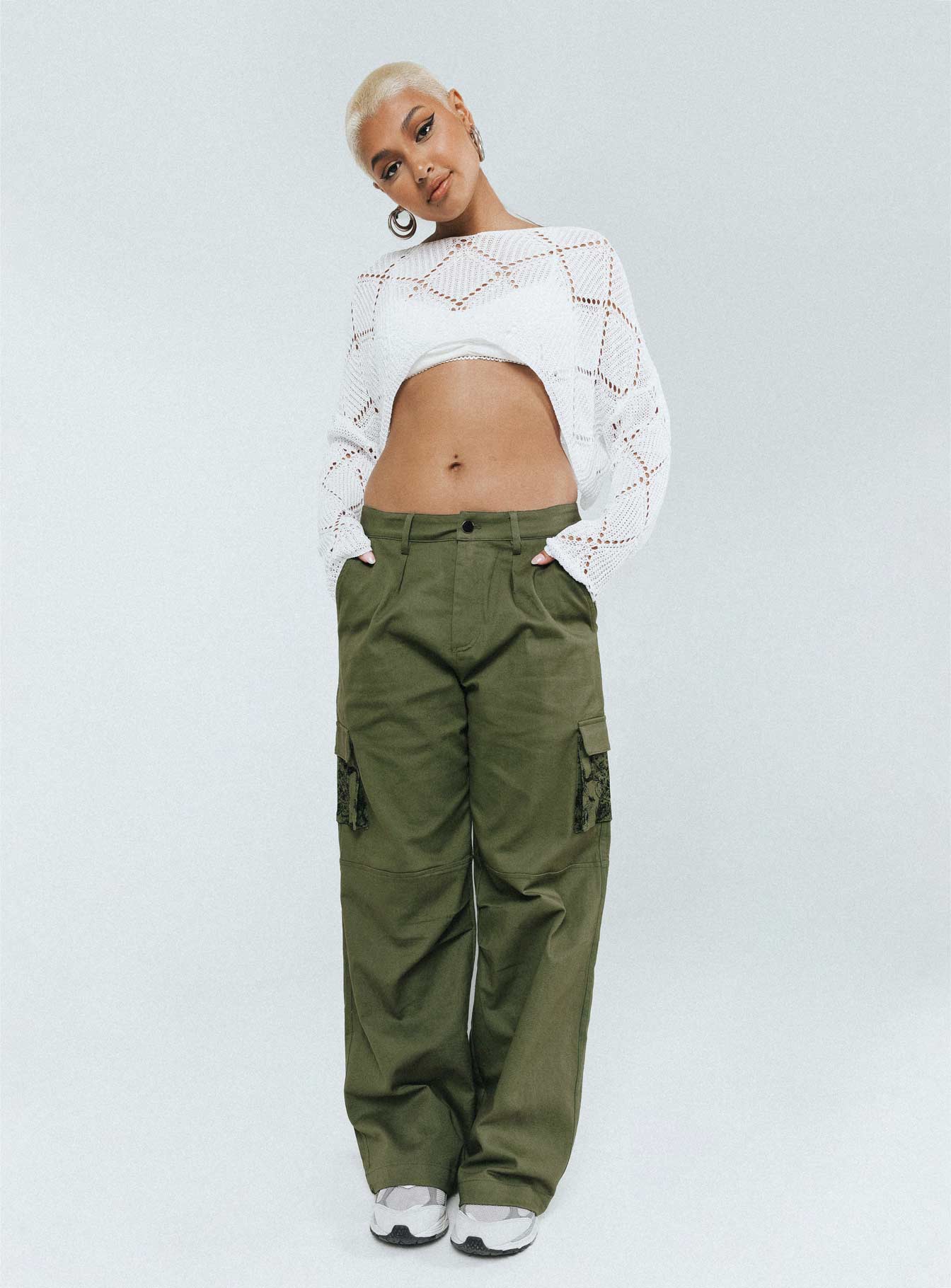 Front view of model wearing  front Princess Polly  Paisley Tattoo Cargo Pants Khaki