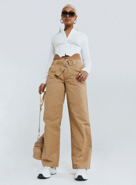 front view of model wearing Princess Polly Burdem Low Waist Pants Camel 