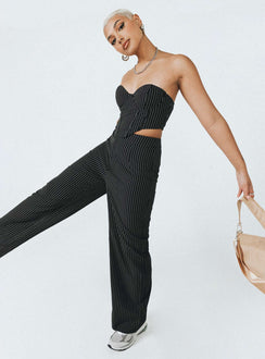 Matching set Pinstripe print  Strapless corset top  Wired cups  Boning throughout  Inner silicone strip at bust  Zip fastening at back  High waisted pants  Zip & button fastening  Wide leg  Non-stretch Lined top 