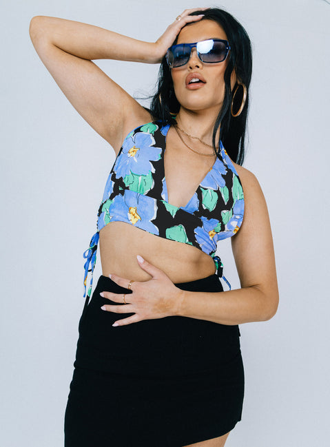 side view of model wearing Princess Polly Meadowbank Top Black / Blue Sleeveless V-Neck 