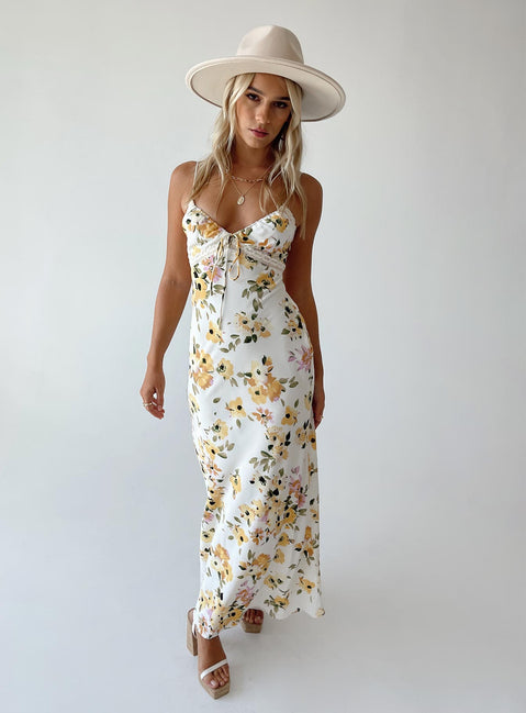 Front view of model wearing  front Princess Polly Sweetheart Neckline  Emily Maxi Dress White / Yellow Floral