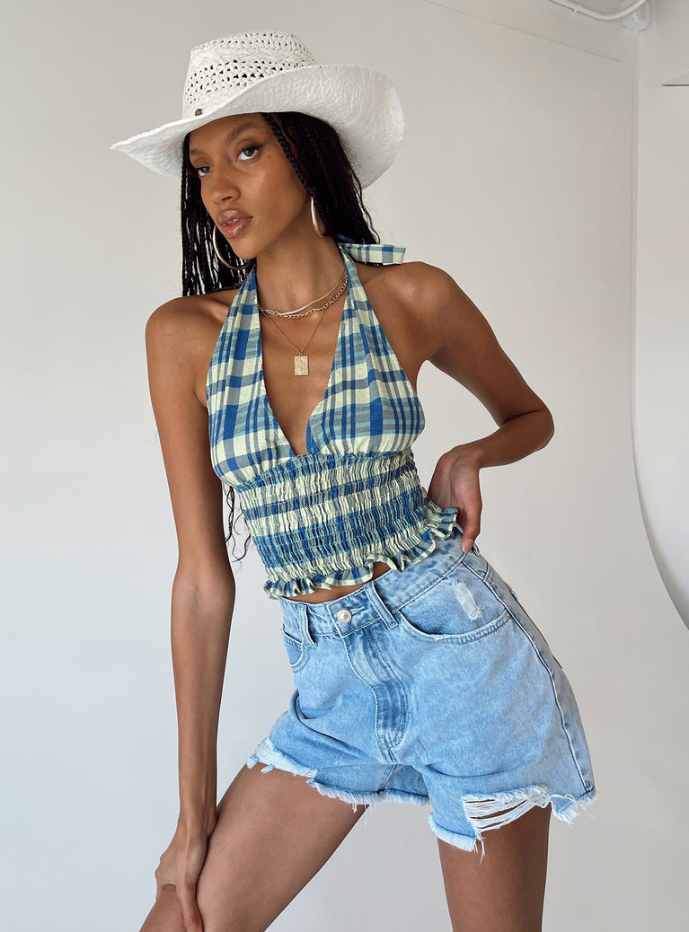 Shorts  100% cotton Light wash denim  High waisted  Zip & button fastening  Belt looped waist  Classic five-pocket design  Princess Polly badge on back Distressed rips throughout  Frayed hem 