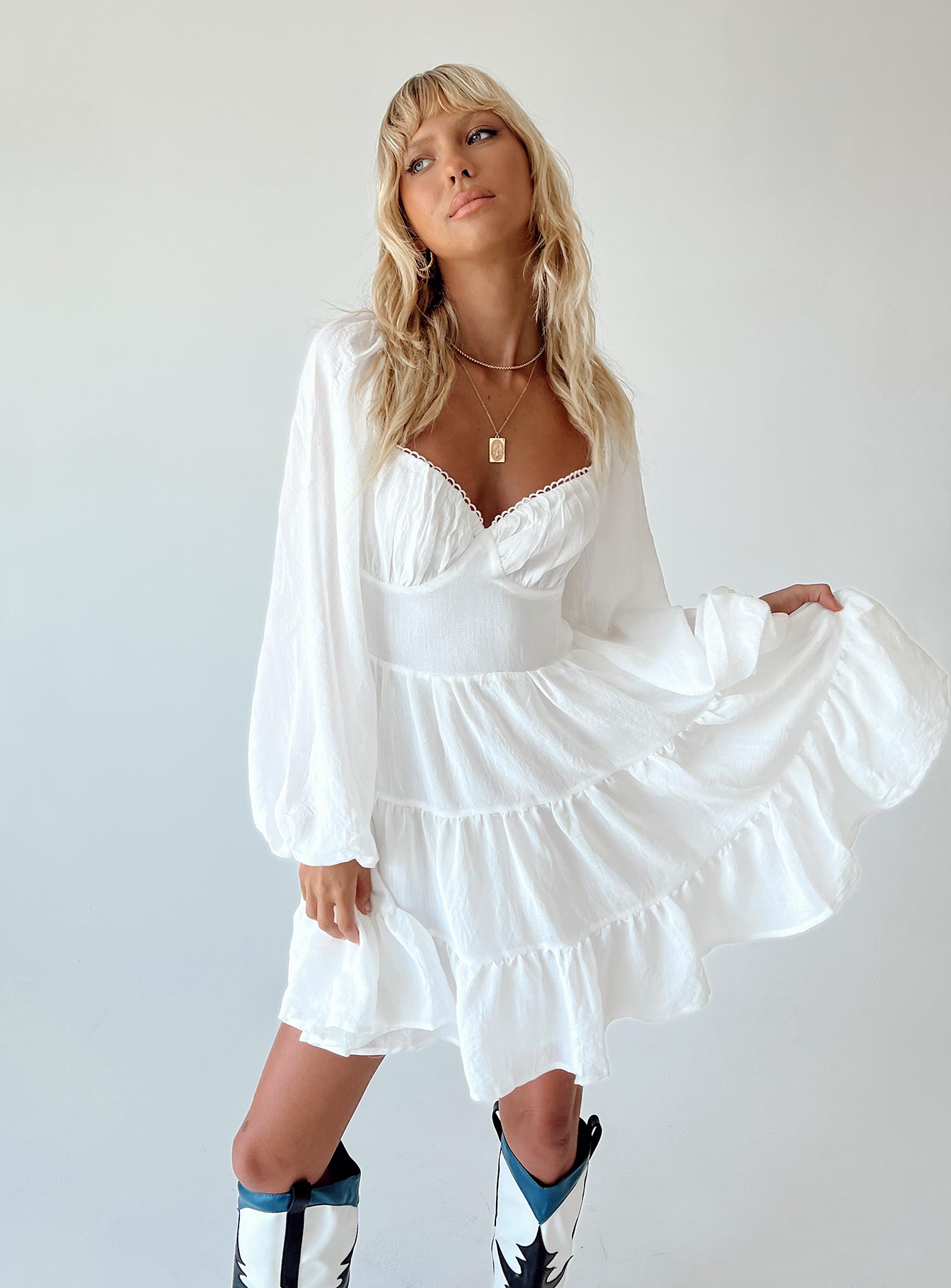 Long sleeve store white ruffle dress