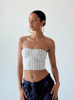 front view of model wearing Princess Polly Tarian Top Grey Stripe Sleeveless Sweetheart 